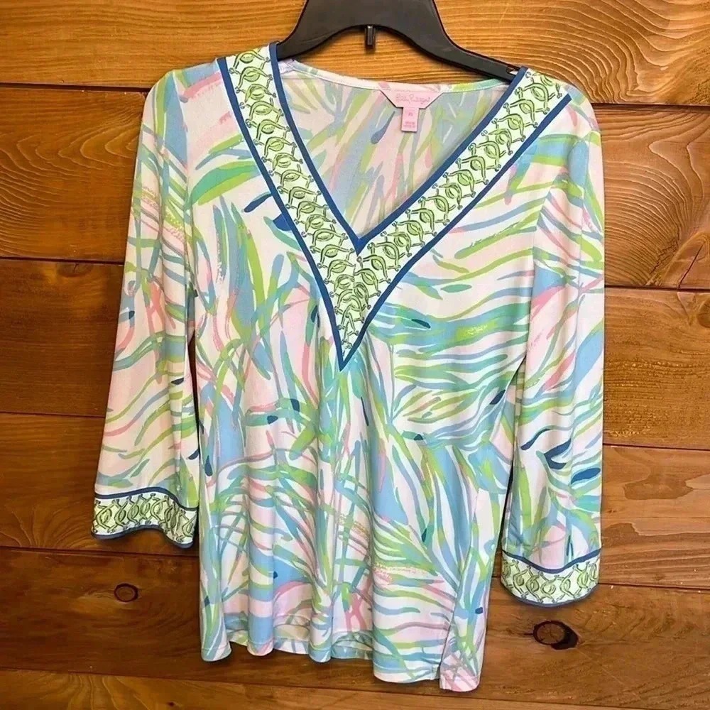 Lilly Pulitzer Port Tunic XS Blue Grn Pink Print Salute Jersey Top‎ Blouse VNeck